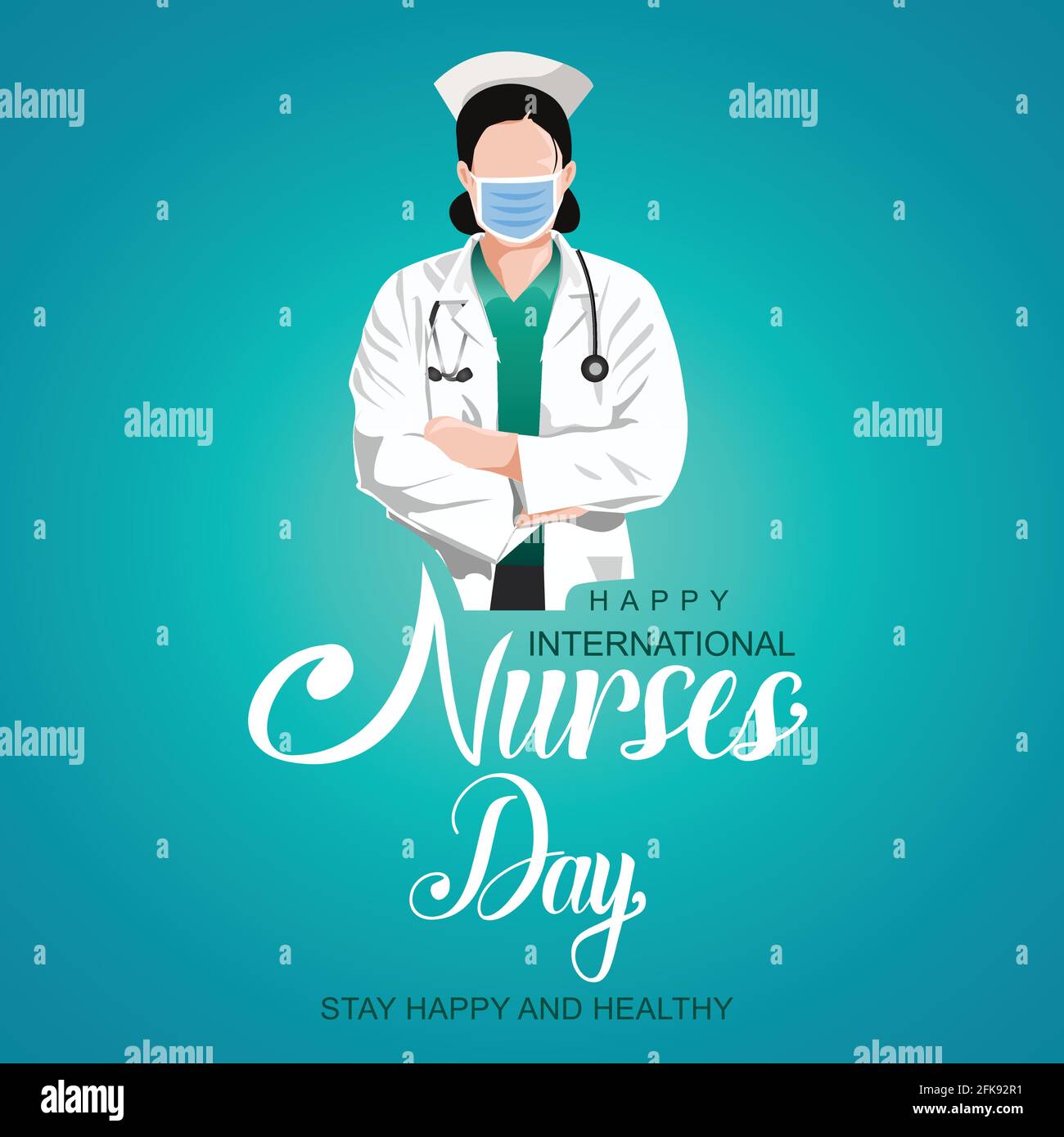 12. Mai. Happy International Nurse Day Hintergrund. Krankenschwester` tragen chirurgische Maske und Stethoskop. Vektorgrafik Stock Vektor